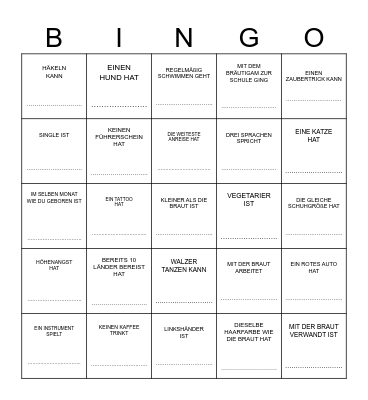 JENNY ♥ HOCHZEITSBINGO ♥ JOHN Finde einen  Gast , der … Bingo Card