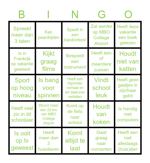 Kennismakingsbingo FD MBO College Airport Bingo Card