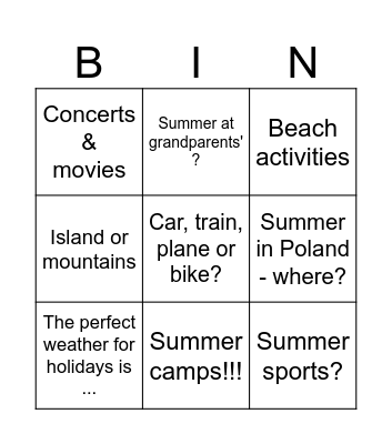 Summer bingo Card