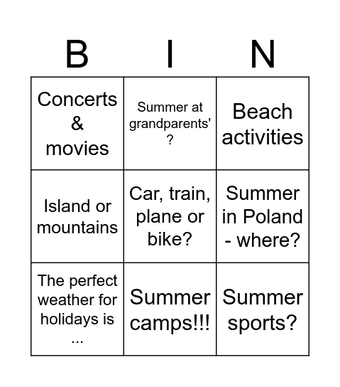 Summer bingo Card