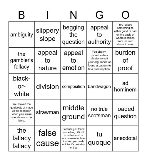 Logical Fallacies Bingo Card