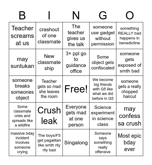 GRADE 6A 2026-2027 SY BINGO Card