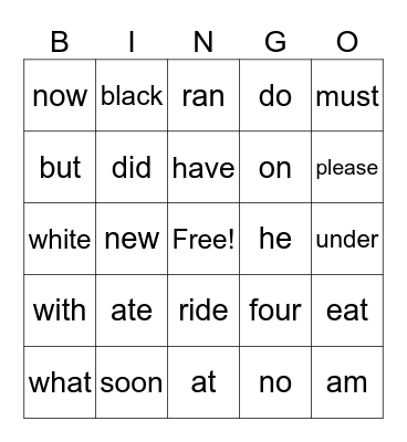 Primer Bingo Card