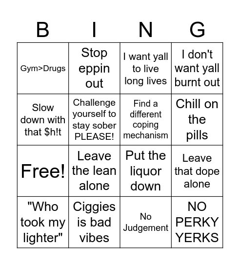 Substance Abuse Prevention Bingo Card