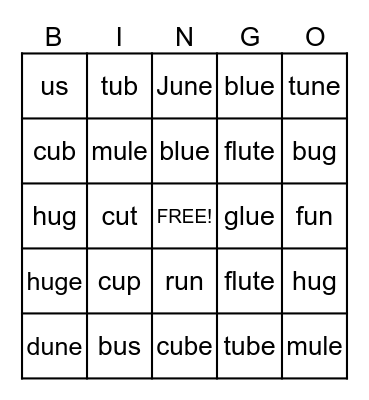 Long U Bingo Card