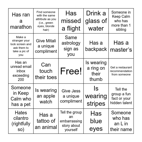 Keep Calm Graffi-Tee Crawl Bingo Card