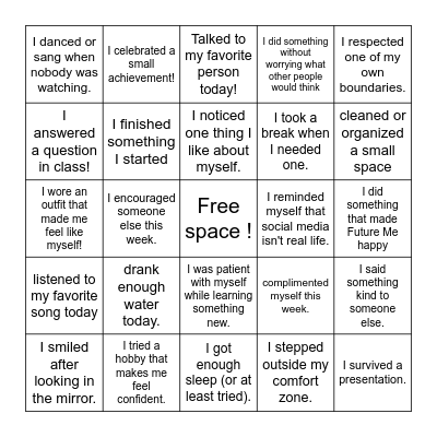Self esteem and self confidence bingo! Bingo Card