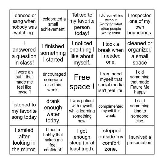 Self esteem and self confidence bingo! Bingo Card