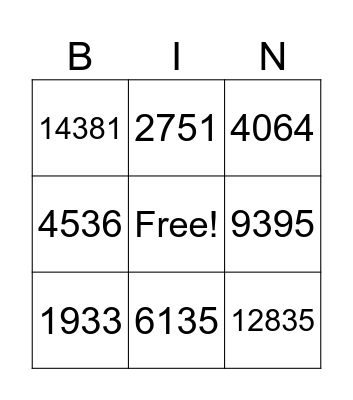 Subtraction Bingo Card