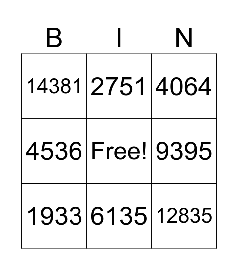 Subtraction Bingo Card