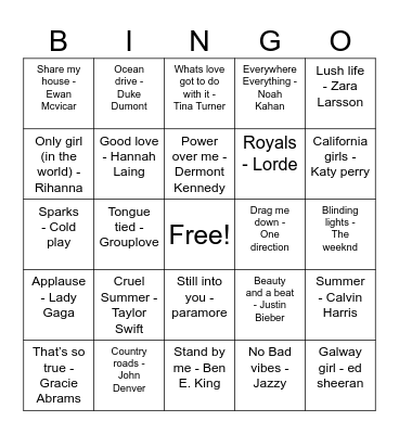 Song Bingo Card