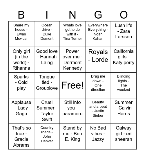 Song Bingo Card