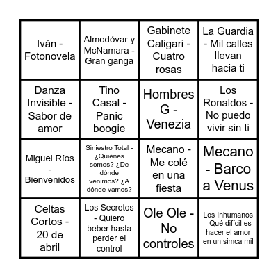 POP-ROCK 80 WARNER Bingo Card
