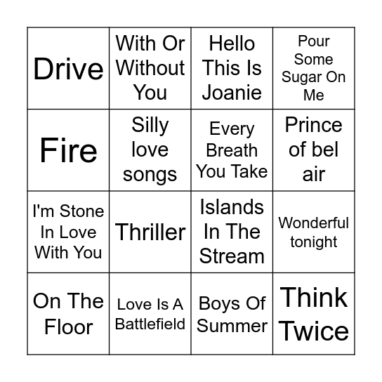 Music Bingo Game 11 Bingo Card
