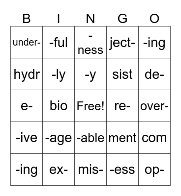 Morphemes Bingo Card