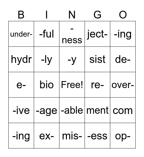 Morphemes Bingo Card