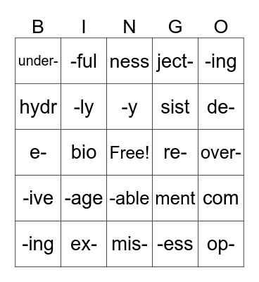 Morphemes Bingo Card