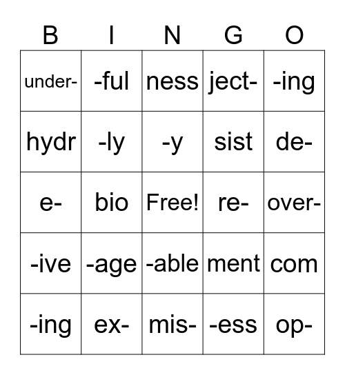 Morphemes Bingo Card