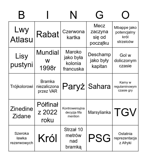Francja - Maroko 2026 Bingo Card