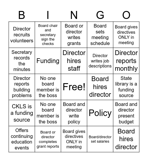 LIBRARY BOARD BINGO Card