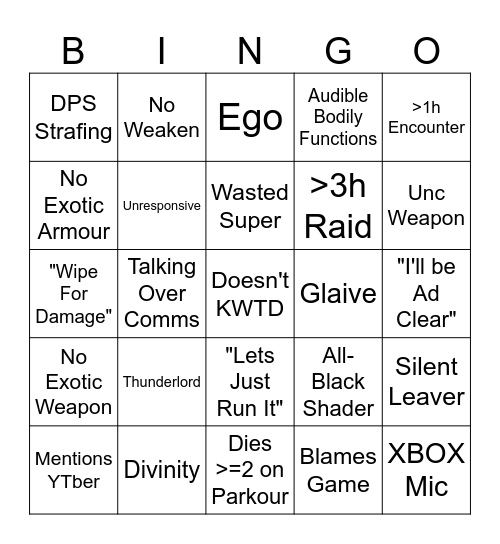 D2 LFG Bingo Card