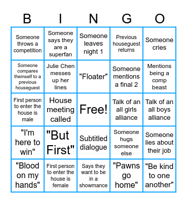 Big Brother Bingo Card