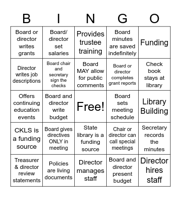 LIBRARY BOARD BINGO Card