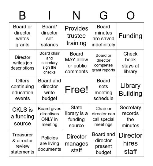 LIBRARY BOARD BINGO Card