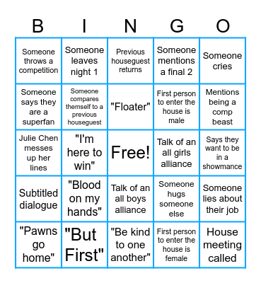 Big Brother Bingo Card