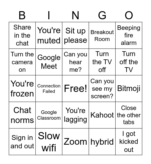 Virtual Learning Bingo Card