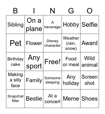 Cell Phone Picture Bingo Card