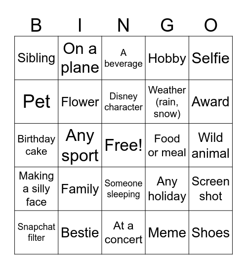 Cell Phone Picture Bingo Card
