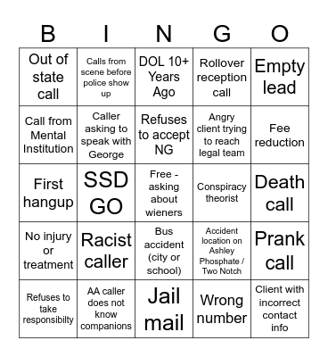 Intake Trainee Bingo Card