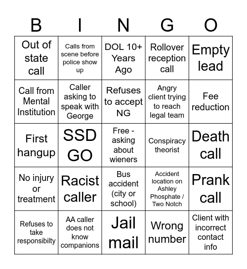 Intake Trainee Bingo Card