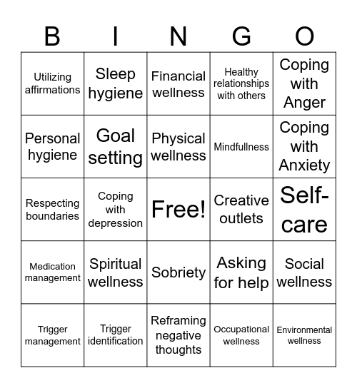 Recovery and Wellness Bingo Card