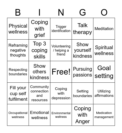 Recovery and Wellness Bingo Card