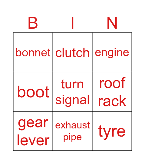 CAR PARTS Bingo Card
