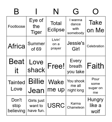 80s songs Bingo Card