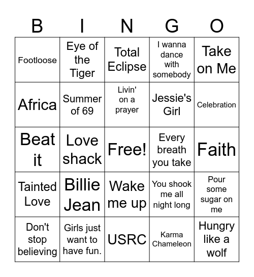 80s songs Bingo Card