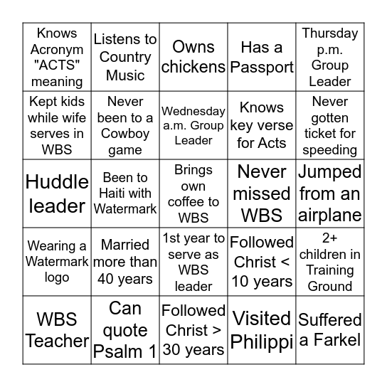 Women's Bible Study Bingo Card