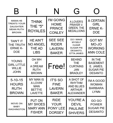 1940s, 1950s, 1960s MUSIC BINGO Card