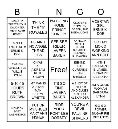 1940s, 1950s, 1960s MUSIC BINGO Card