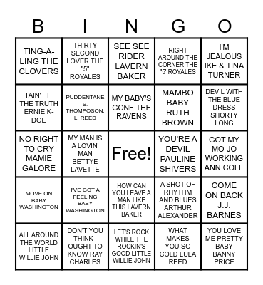 1940s, 1950s, 1960s MUSIC BINGO Card