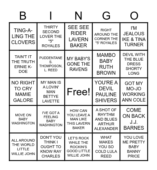 1940s, 1950s, 1960s MUSIC BINGO Card