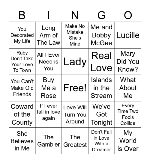 KENNY ROGERS Bingo Card
