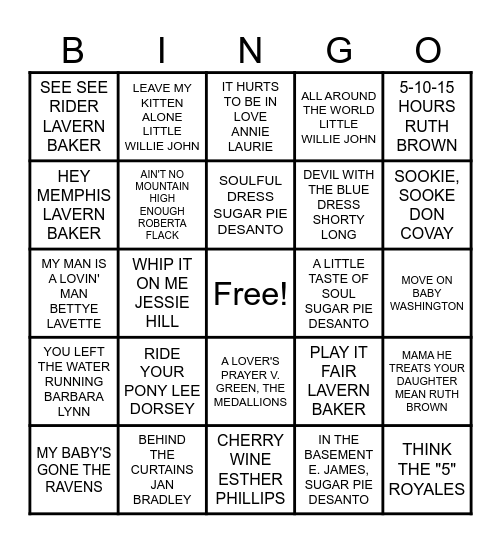 1940s, 1950s, 1960s MUSIC BINGO Card