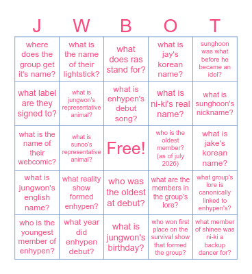 Jungwon Bingo 2 Bingo Card