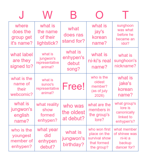 Jungwon Bingo 2 Bingo Card