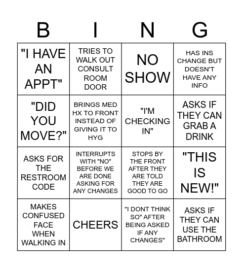 FRONT DESK Bingo Card