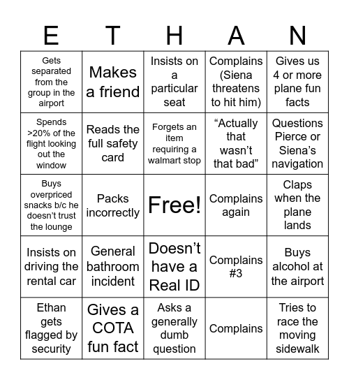 Travel Bingo Card